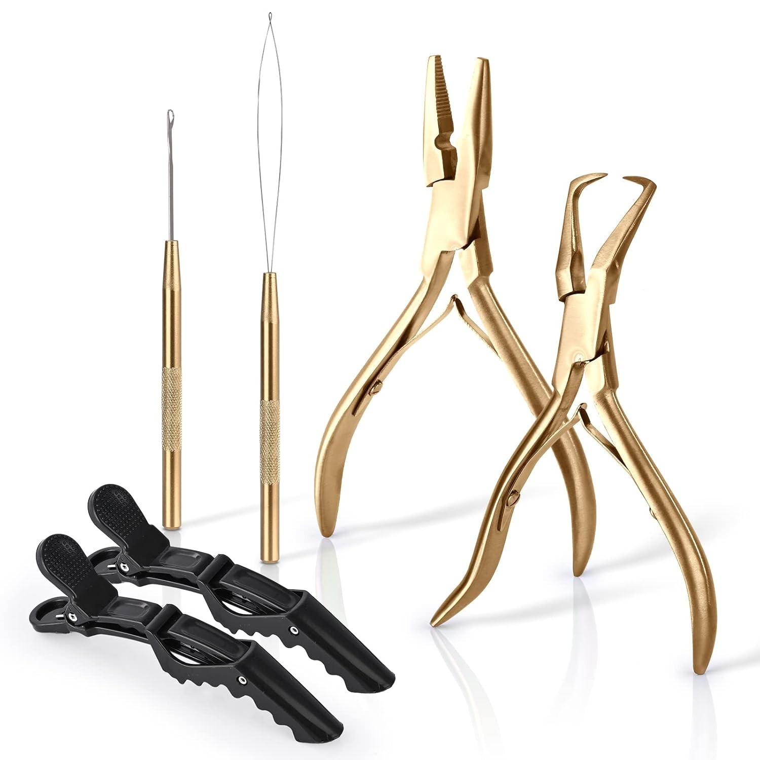 Essential Gold Tool Kit for Hair Extensions: Beading Pliers & Clips Included