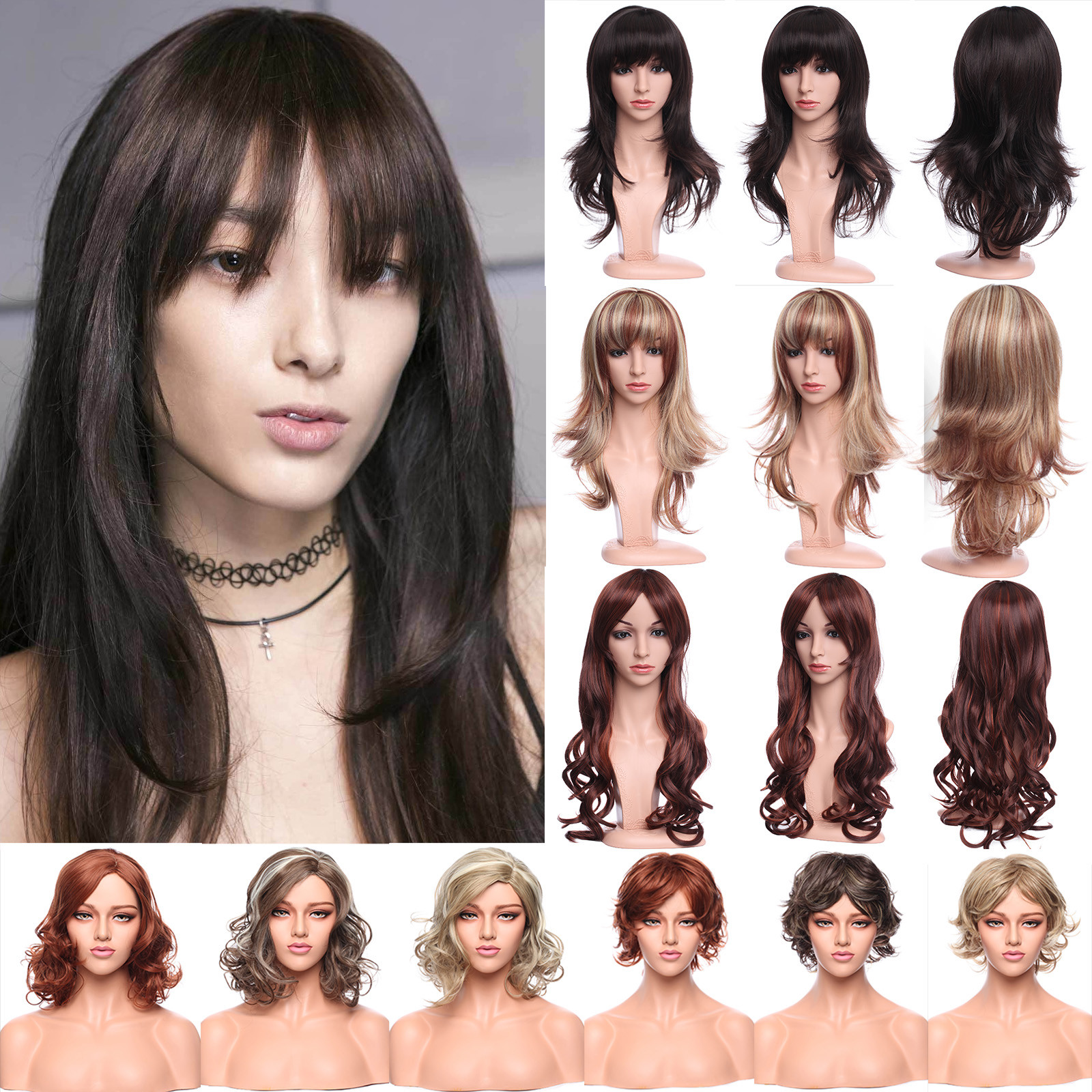 Ladies Blonde Auburn Wavy Curly Straight Medium Length Bob Synthetic Full Wig