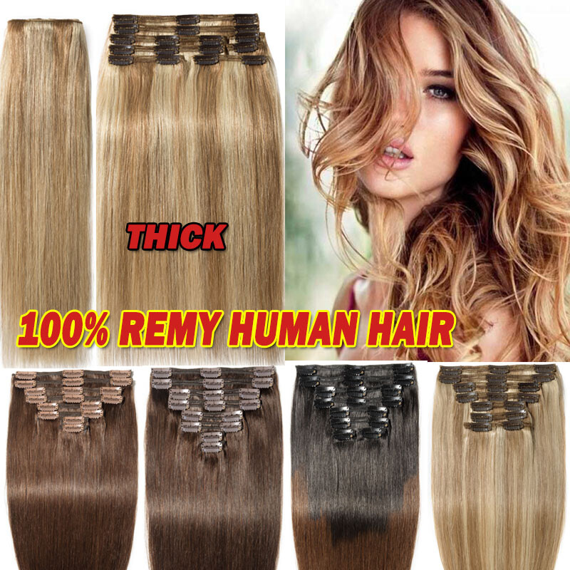 10″-24″Inch Clip in 100% Remy Human Hair Extensions Thick Double Weft Wavy CY48