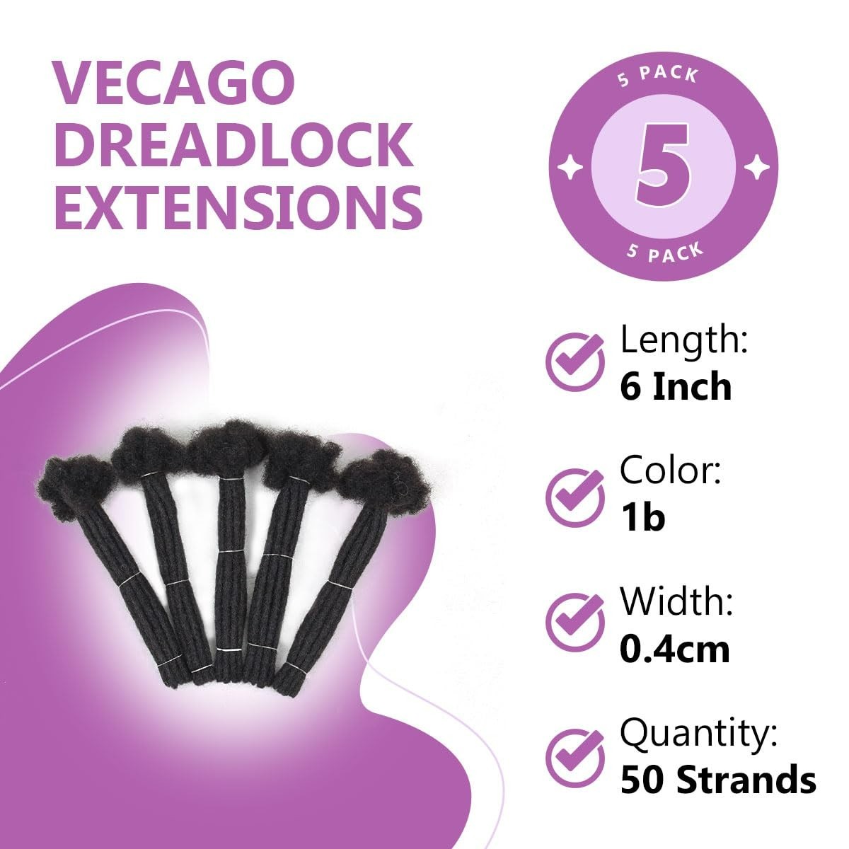 Vecago 50 Strands Loc Extensions Human Hair 6 inch 0.4cm Dreadlock 1B