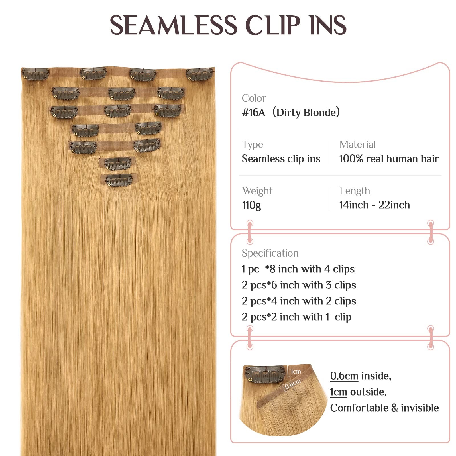 Maxita Seamless Clip In Hair Extensions Human Hair 7Pcs 110G 14 Inch Dirty