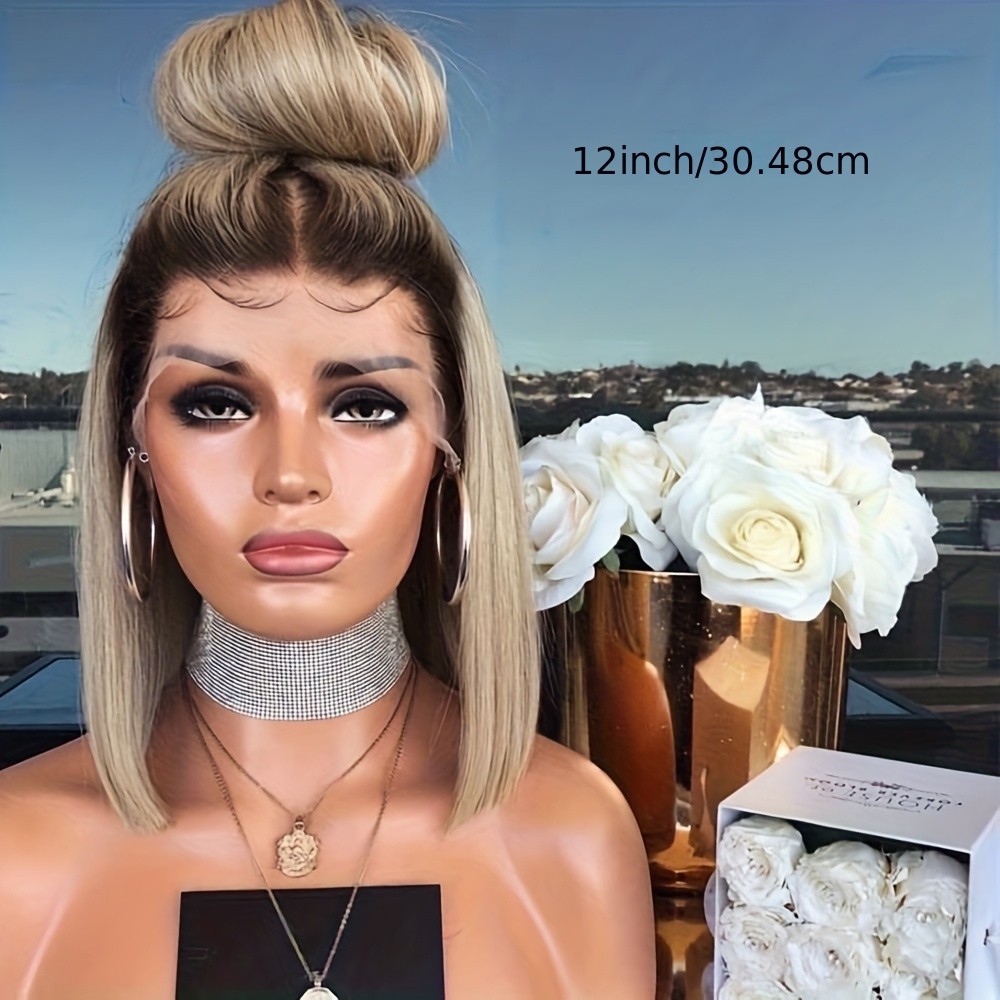 13×4 Synthetic Blonde Hair Ombre Light Ash Blonde Straight Short Bob Wigs Women
