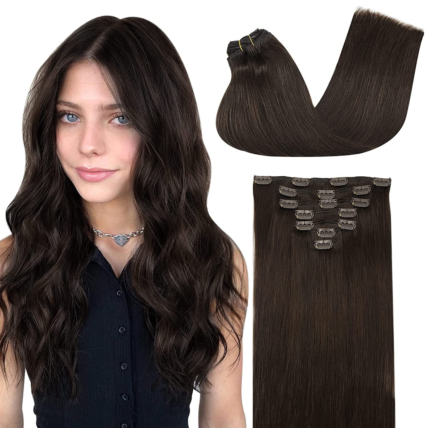 Clip in Hair Extensions Real Human Hair Double Lace Weft Clip-on Remy Hair 24In