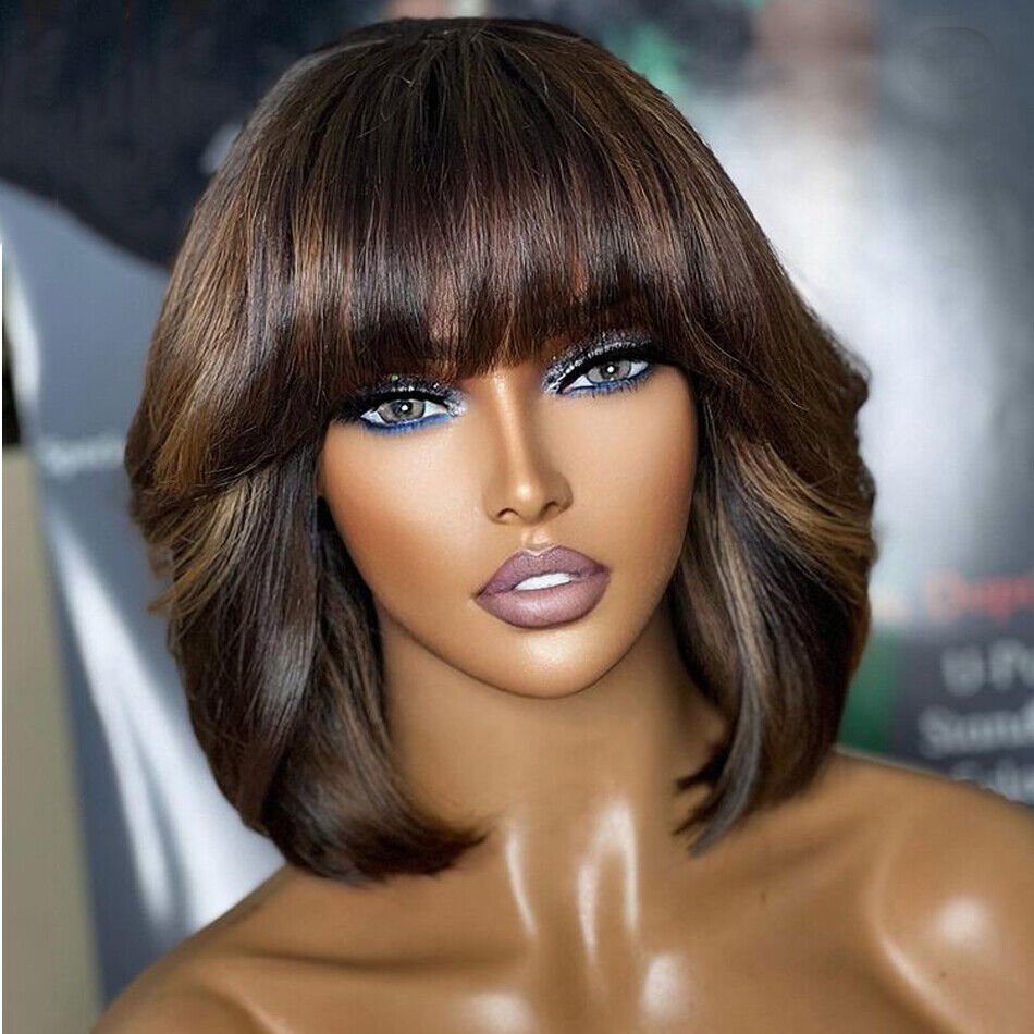 Women Highlight Short Bob Cut 100% Human Hair Wigs with Bangs Full Machine Made