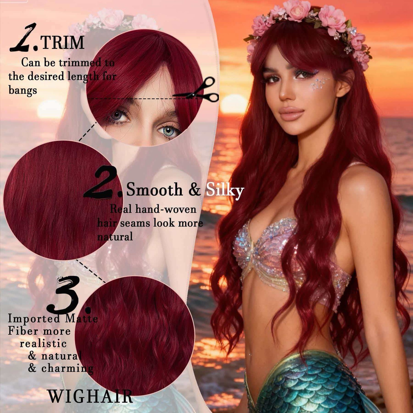 Rose Red Wavy 30in Long Wig for Women Heat Resistant Synthetic Cosplay Party