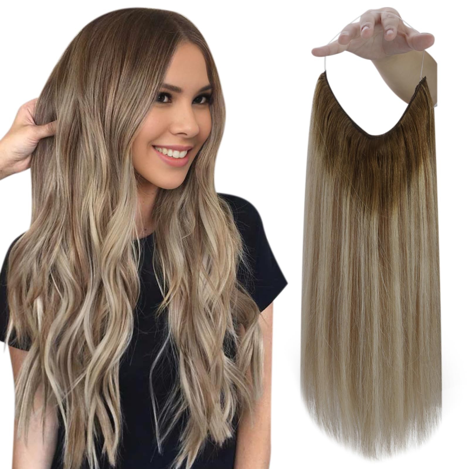 20 Inch Balayage Brown Blonde Real Human Hair Wire Extensions Easy Install