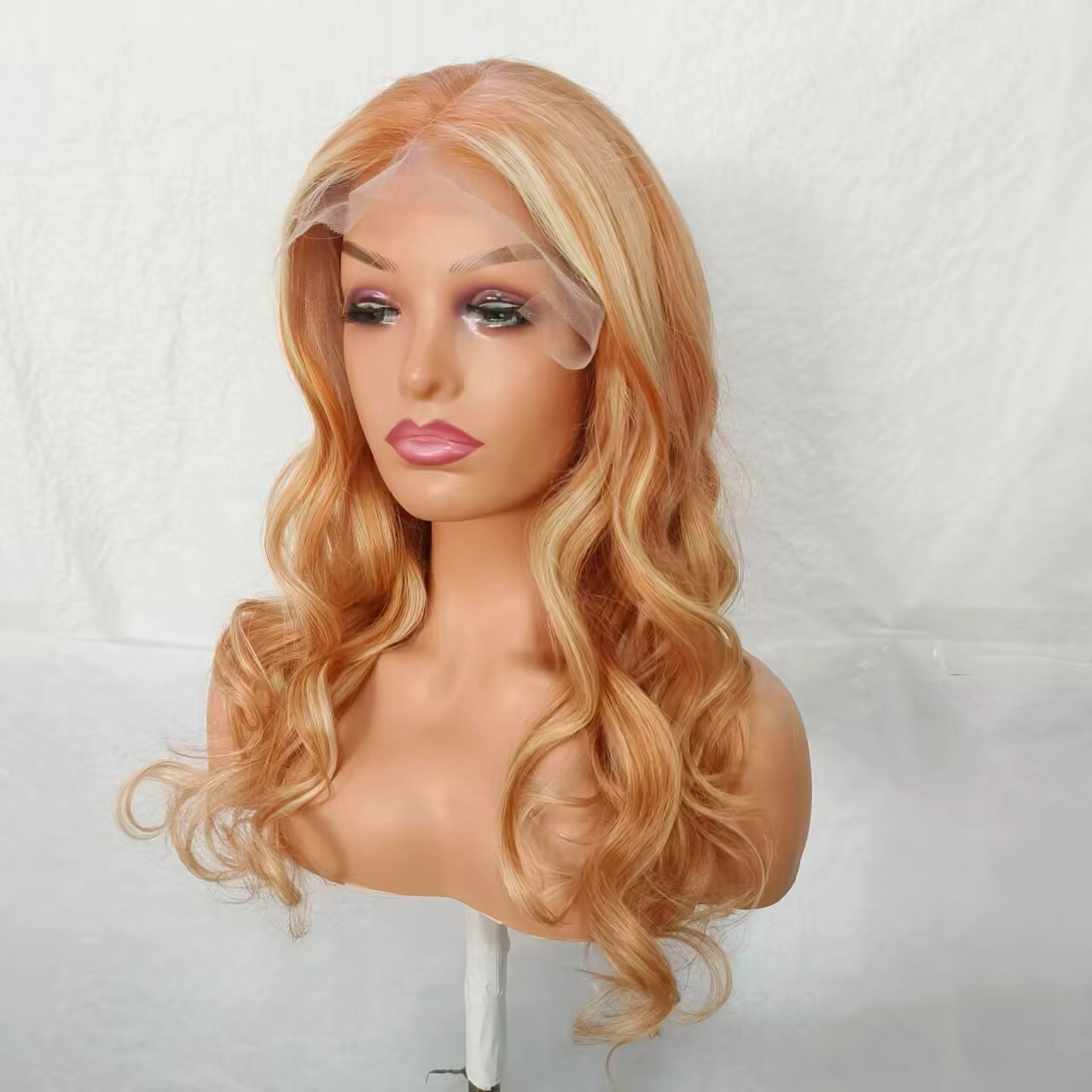 long wave orange with Blond Highlight Lace Front Wig 100% Human Hair Wigs 18″