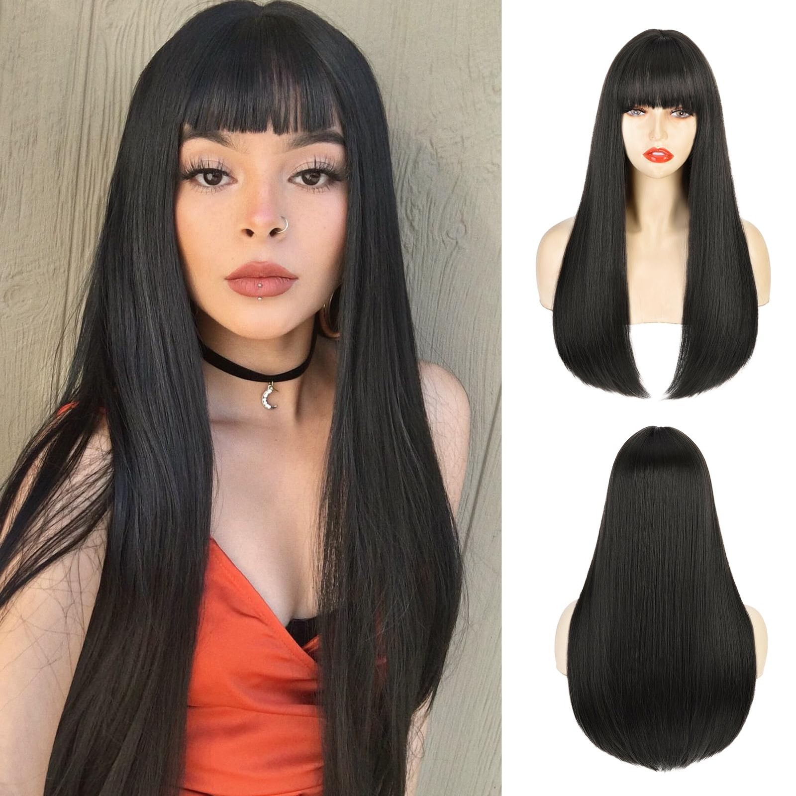 Black Wig for Women Long Straight Black Wigs with Bangs Black Hair Wigs Heat …