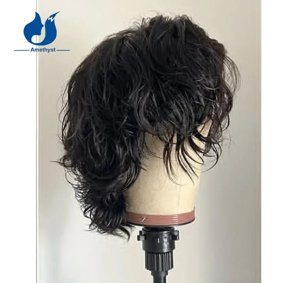 Natural Wavy Men’s Human Hair Wig Short Bob Wolf Cut 13×6 Lace Front Male Wig