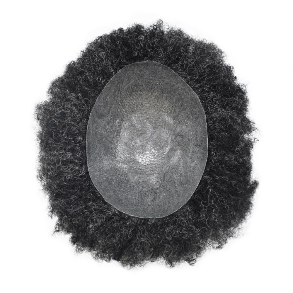Mens Toupee Afro Curl Full Poly African American Hair System Replacement for Men