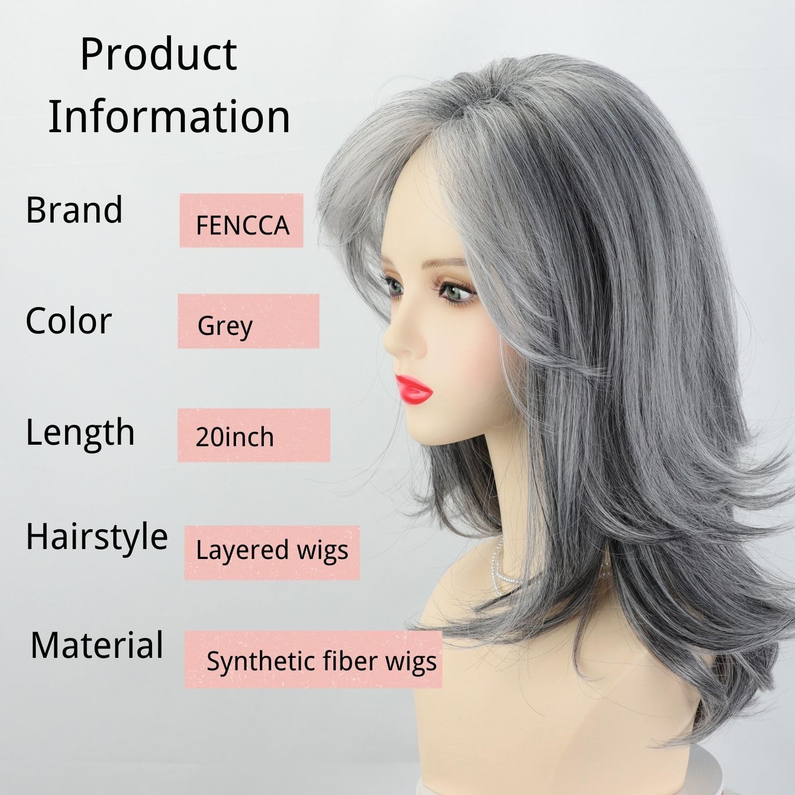 Fencca 20 Inch Silver Grey Salt Pepper Wig Curtain Bangs Long Layered Wave
