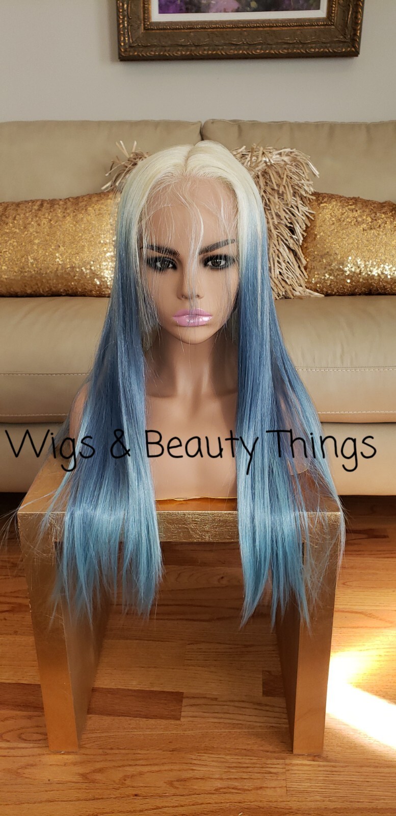 Long Front Lace Wig – Human Hair Blend – Blue Balayage Rainbow Multicolor silk