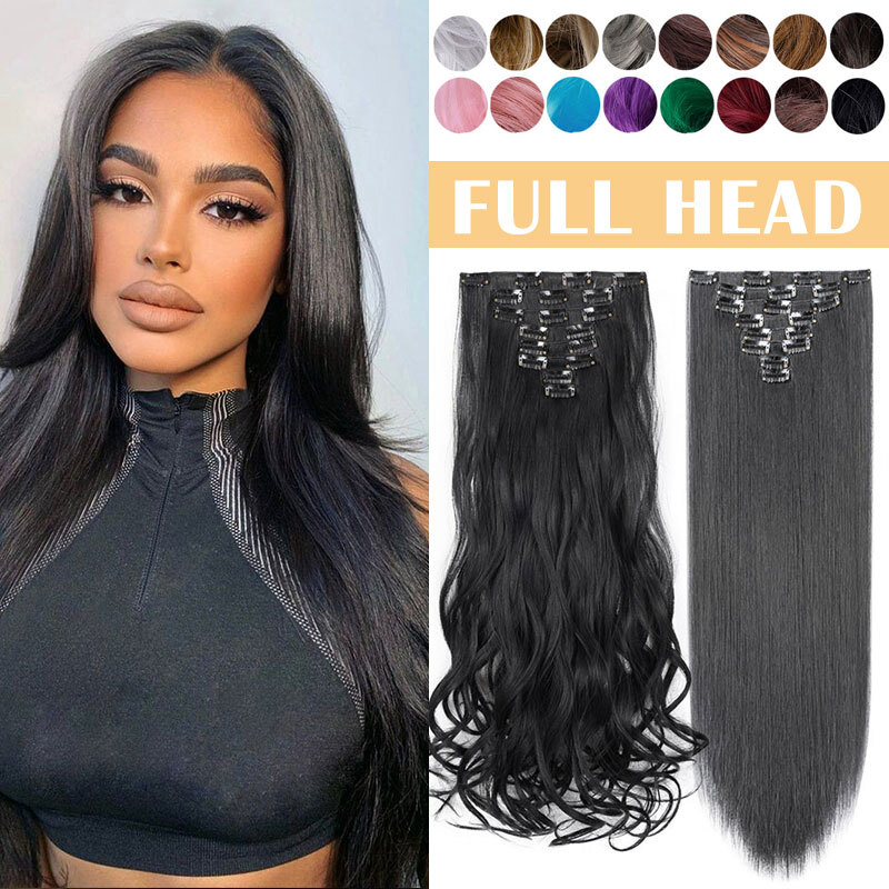 100% Real Natural Full Head Clip in Hair Extensions 8Pcs Straight Wavy Synthetic