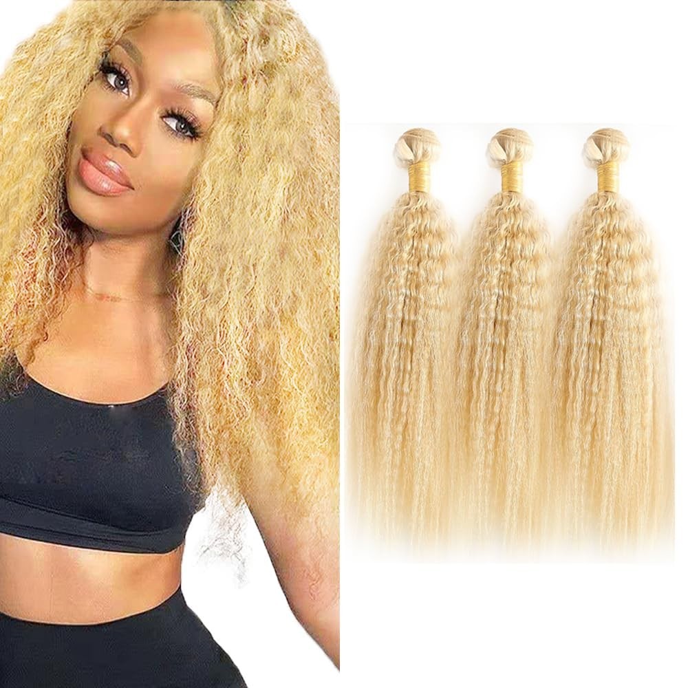 Blonde Kinky Straight Human Hair Extensions 20″ 22″ 24″ 8A Remy Bundles 613 Yaki