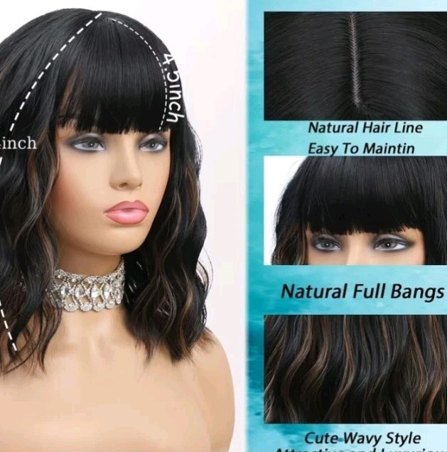 Wavy Bob Black Brown Highlight Wigs with Bangs for Women Short Bob Curly Wig