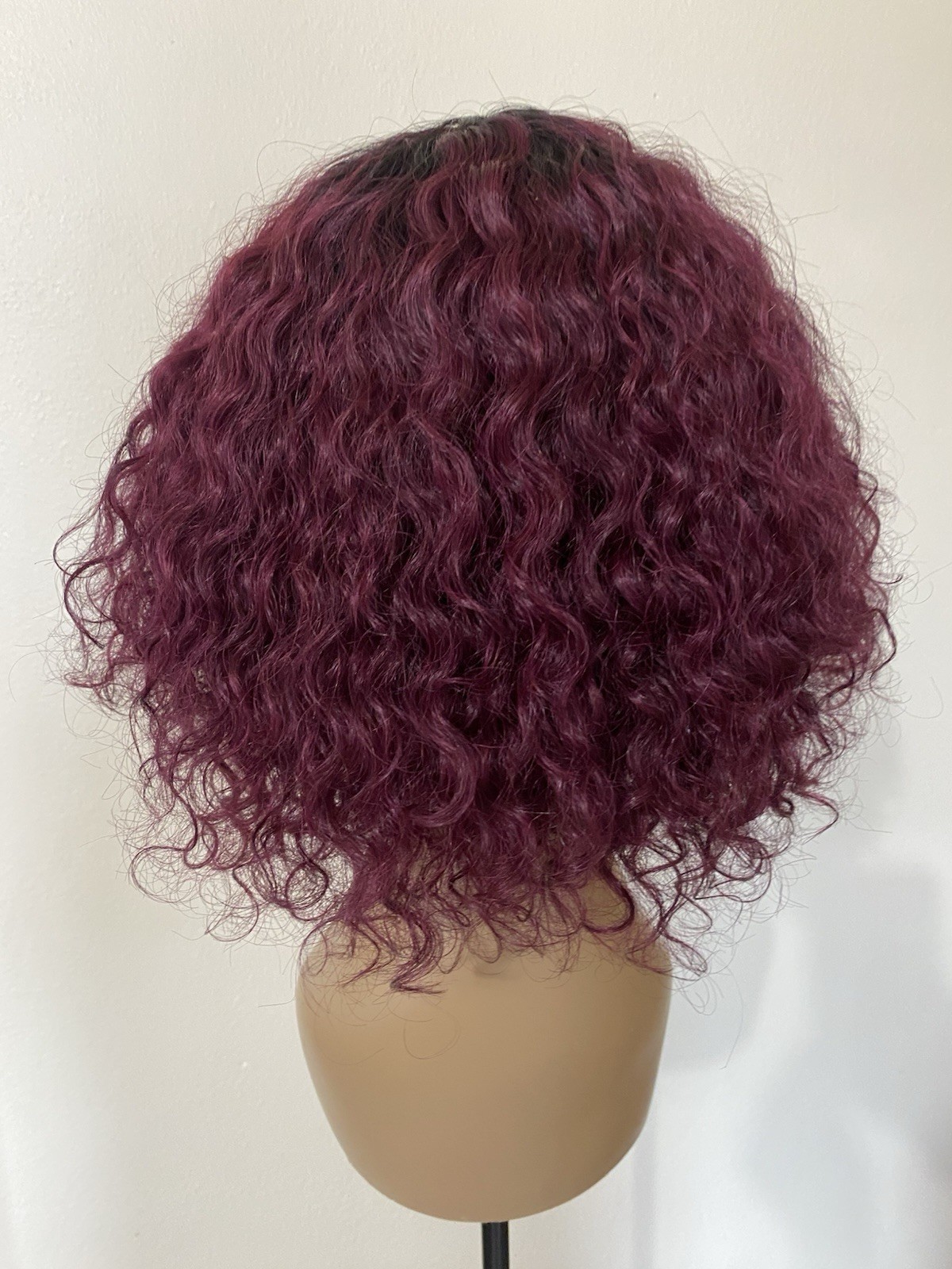 Curly Human Hair Bob Wig with Bangs Ombre Burgundy TT1B/99J Non Lace Glue-Less