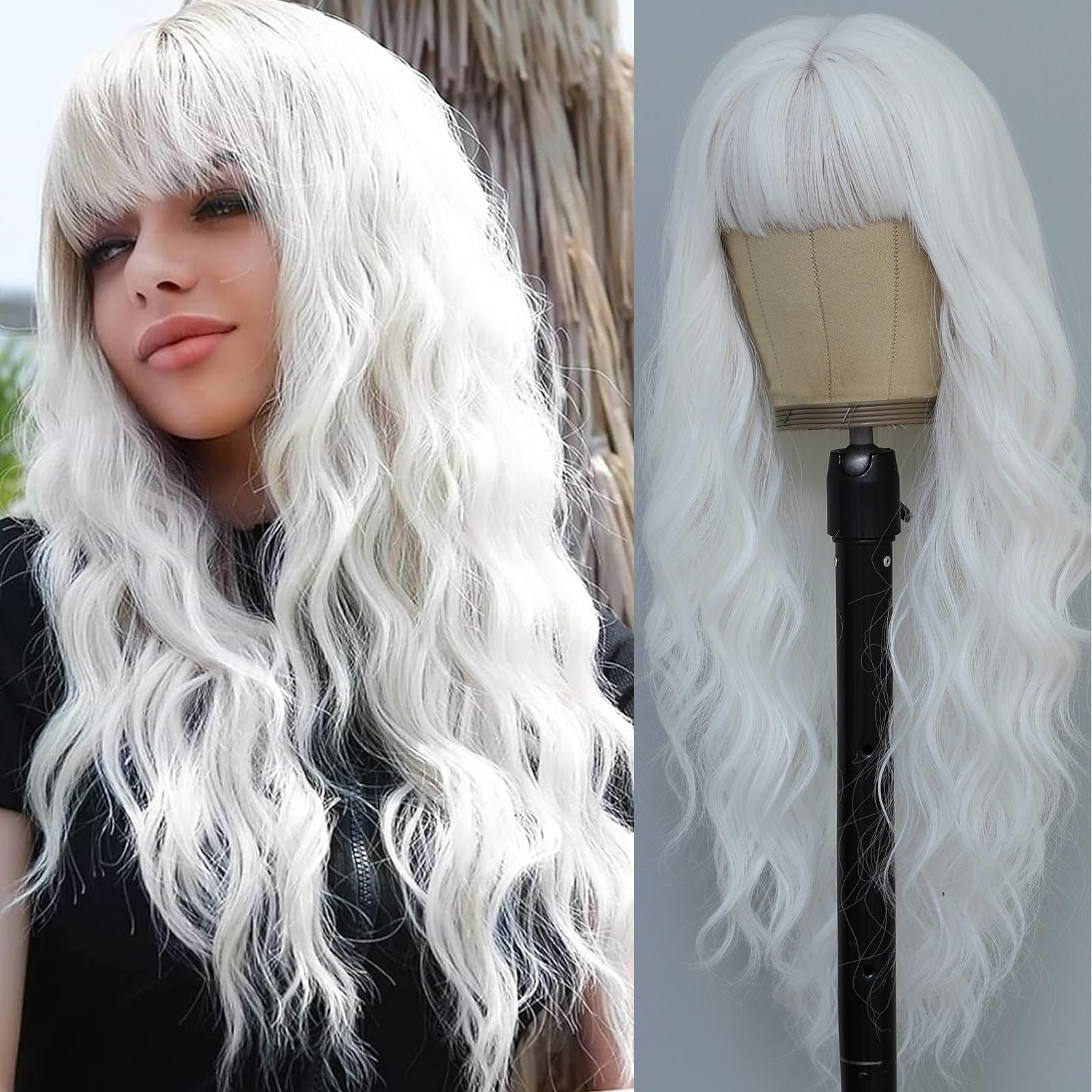 White Wig with Bangs for Women Long White Wavy Wigs 26 Inch Natural Looking H…