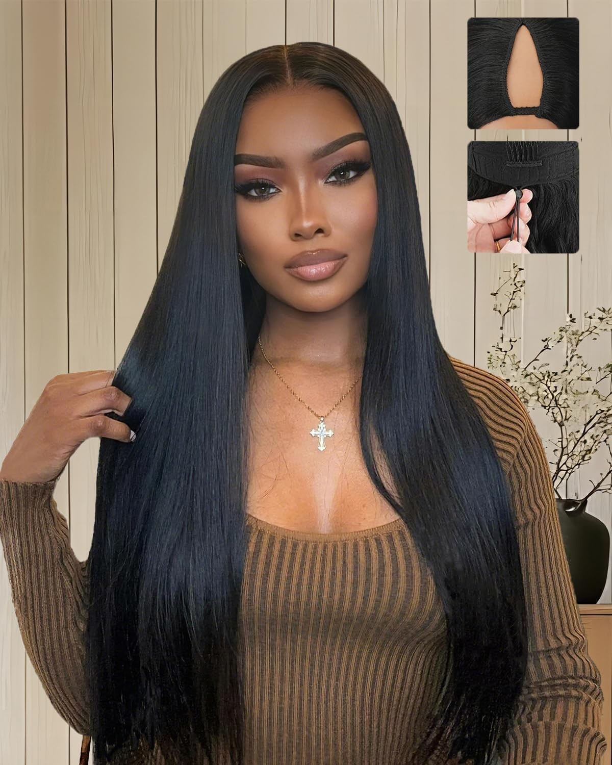 200% Density Straight V Part Wig Human Hair, No Sew Glueless Clip In Half Wig 16