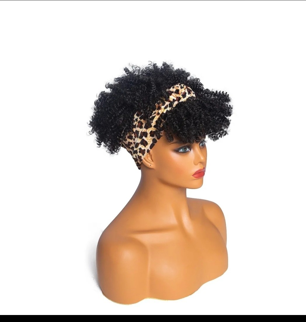 Women’s 6-Inch Short Leopard Print Kinky Coil Headband Wig, Adjustable Band