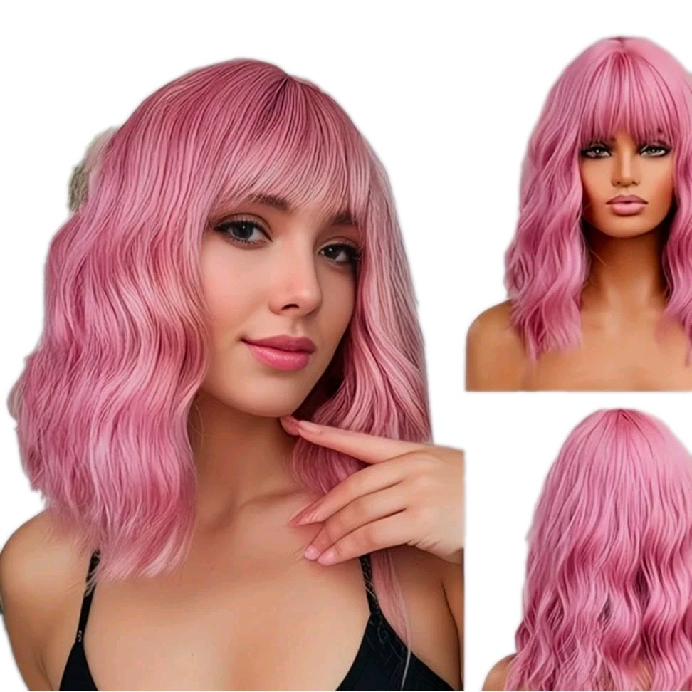 12″ Pink Wavy Wig with Bangs – Pastel Rose Gold Synthetic Bob – Heat Resistant