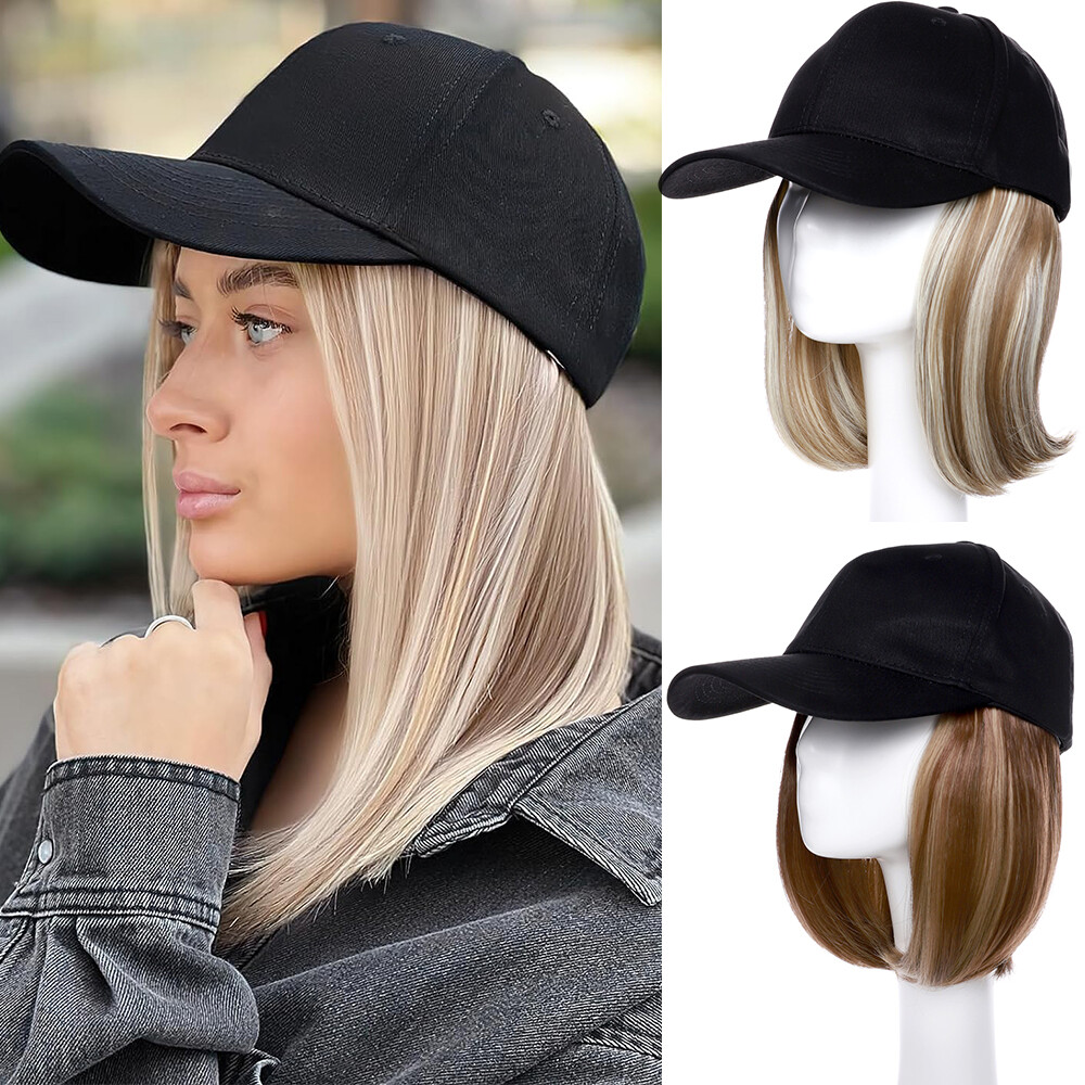 Women Baseball Cap Hat with Synthetic Hair Short/Long Hair Wigs Cover Highlight