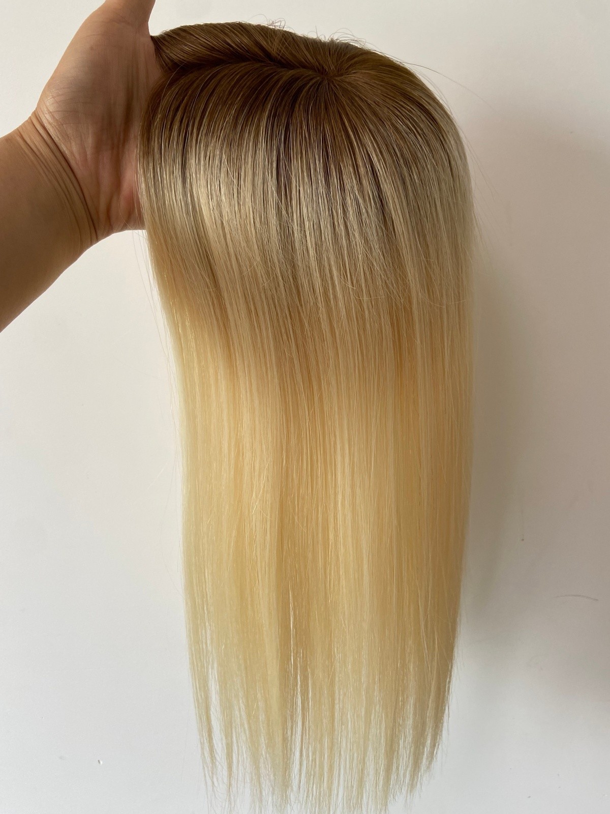 100% HUMAN RUSSIAN HAIR 5″x5″ BLONDE TOPPER BROWN ROOTED OMBRE HAIRPIECE