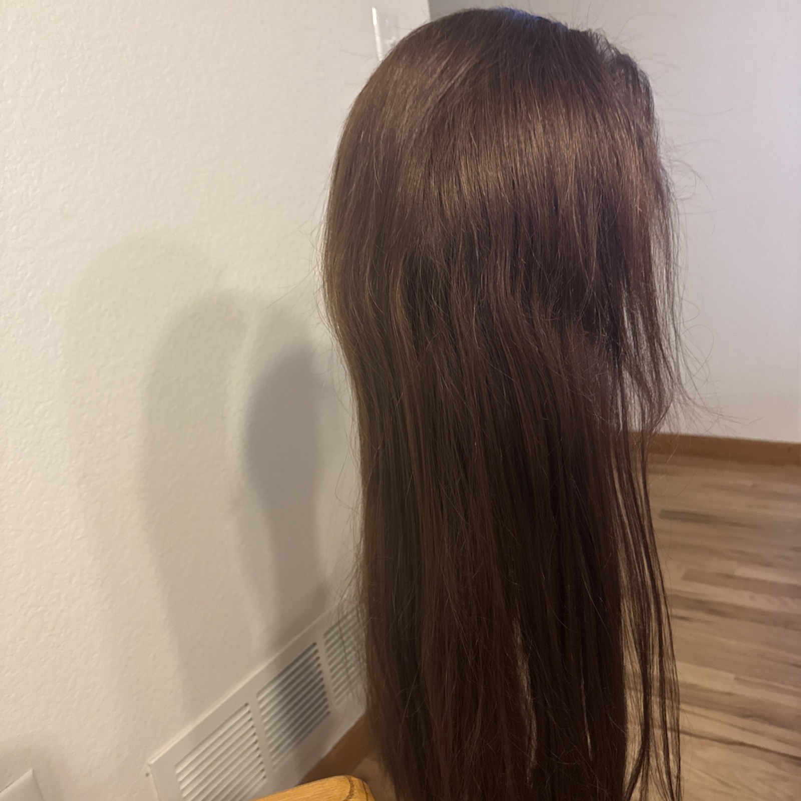 252Human Hair Blend Lace Wavy Cut Reddish Brown Lace Front Wig Standard 26”