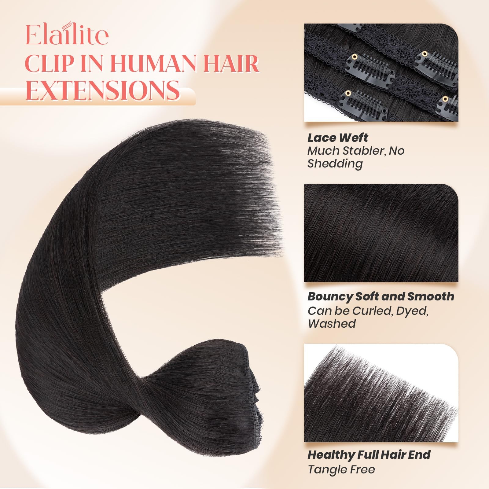 Elailite Clip In Hair Extensions Real Human Hair 3Pcs Lace Weft Remy Hairpieces