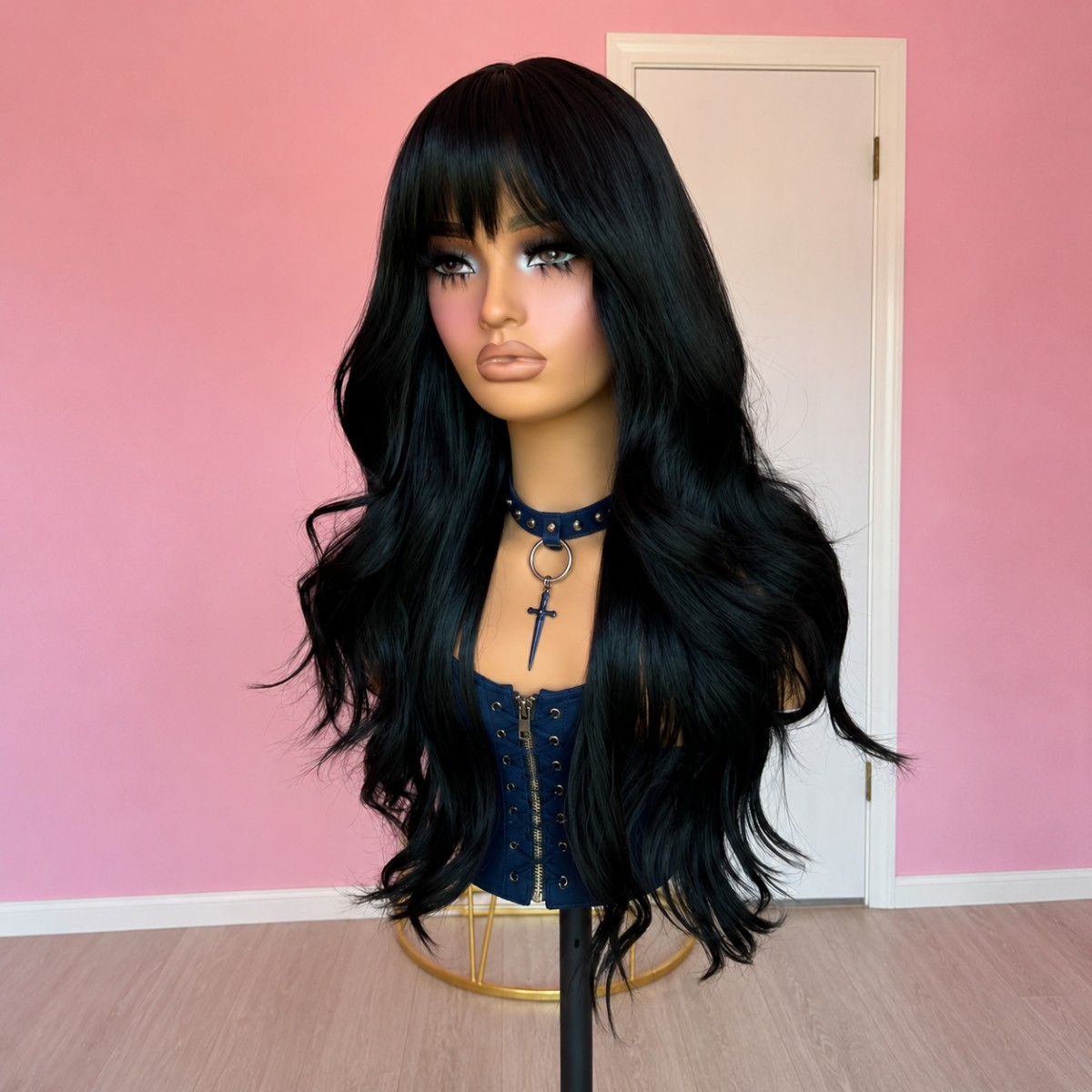 Long Wavy Off black Cosplay Wigs With Bangs Halloween Synthetic Hair Soft