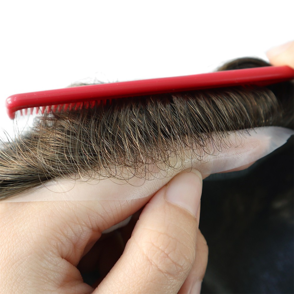 Mens Toupee Human Hair Replacement System Gent Hairpiece Ultra Thin Skin 0.04mm