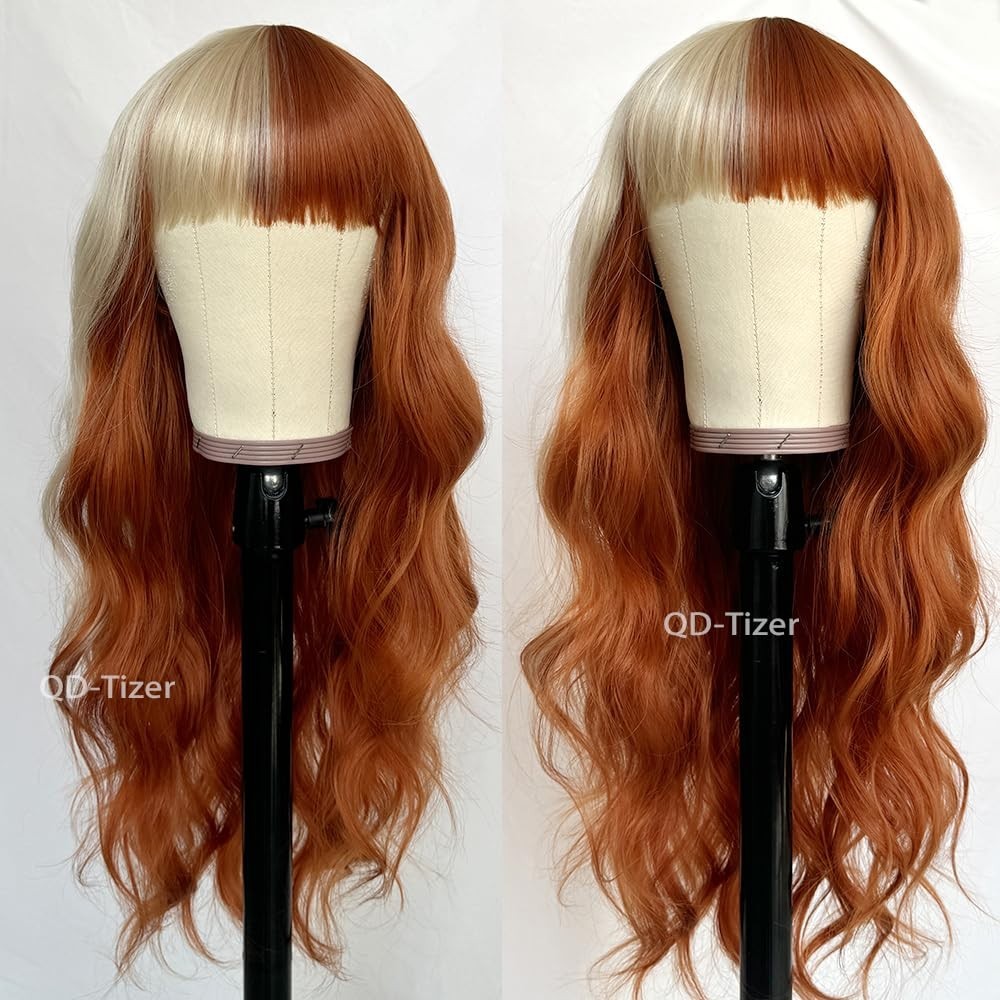 Blonde and Copper Synthetic Wigs Long Wavy Curly with Bangs for Cosplay and P…