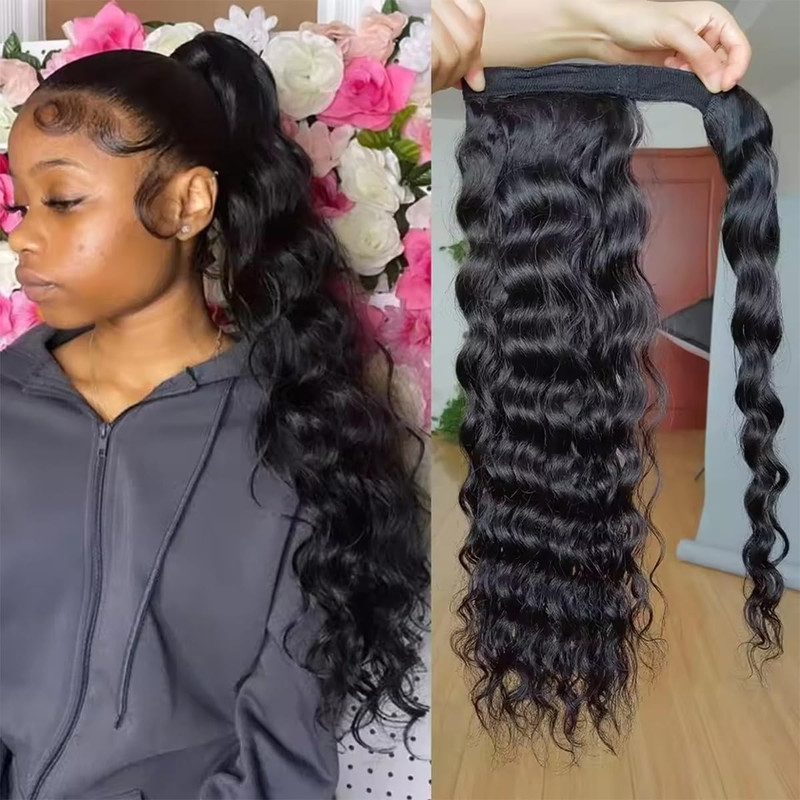 Feelgrace Corn Wave Ponytail Human Hair Extension Black Color Brazilian Hair