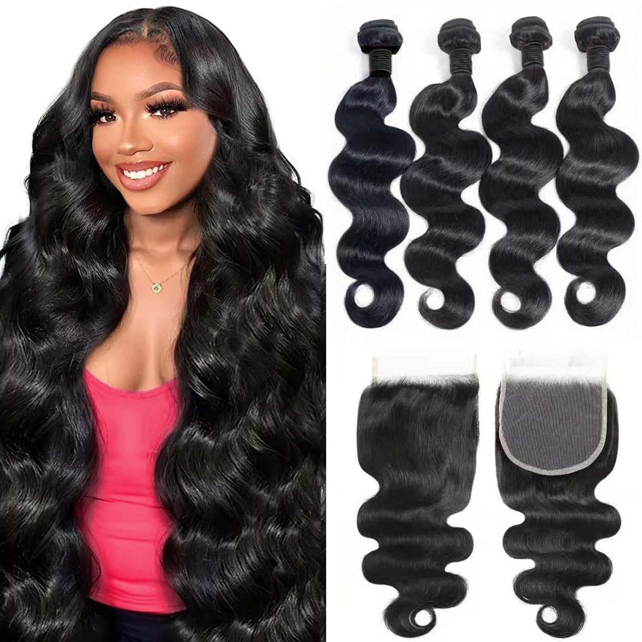 12A Human Hair Bundles with Closure 18 20 22 24+16 Inch Brazilian Body Wave 4…