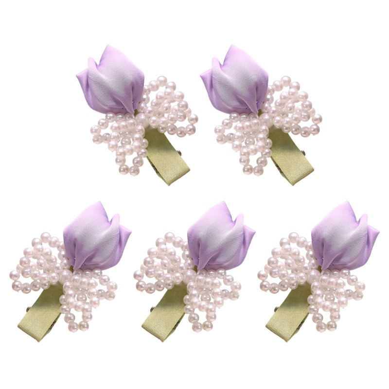 Flower NonSlip Side Hair Clip Pearls Tulips Handwoven Fabric Head Accessory