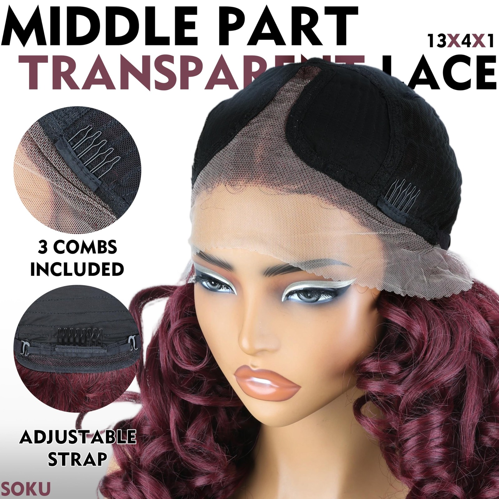 Soku Curly Lace Frontal Wigs For Black Women Long Wavy Red Burgundy Glueless