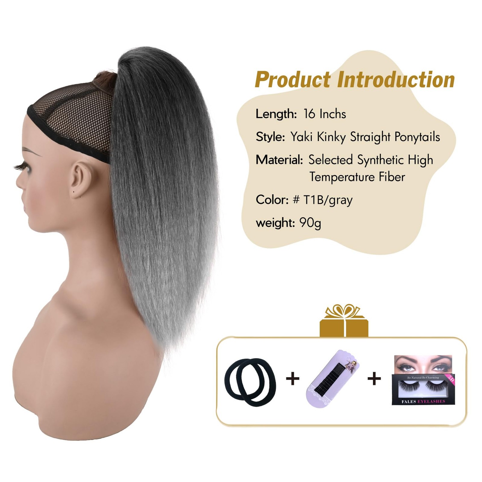 Grey Yaki Straight Drawstring Ponytail for Women 16inch Salt and Pepper Yaki …