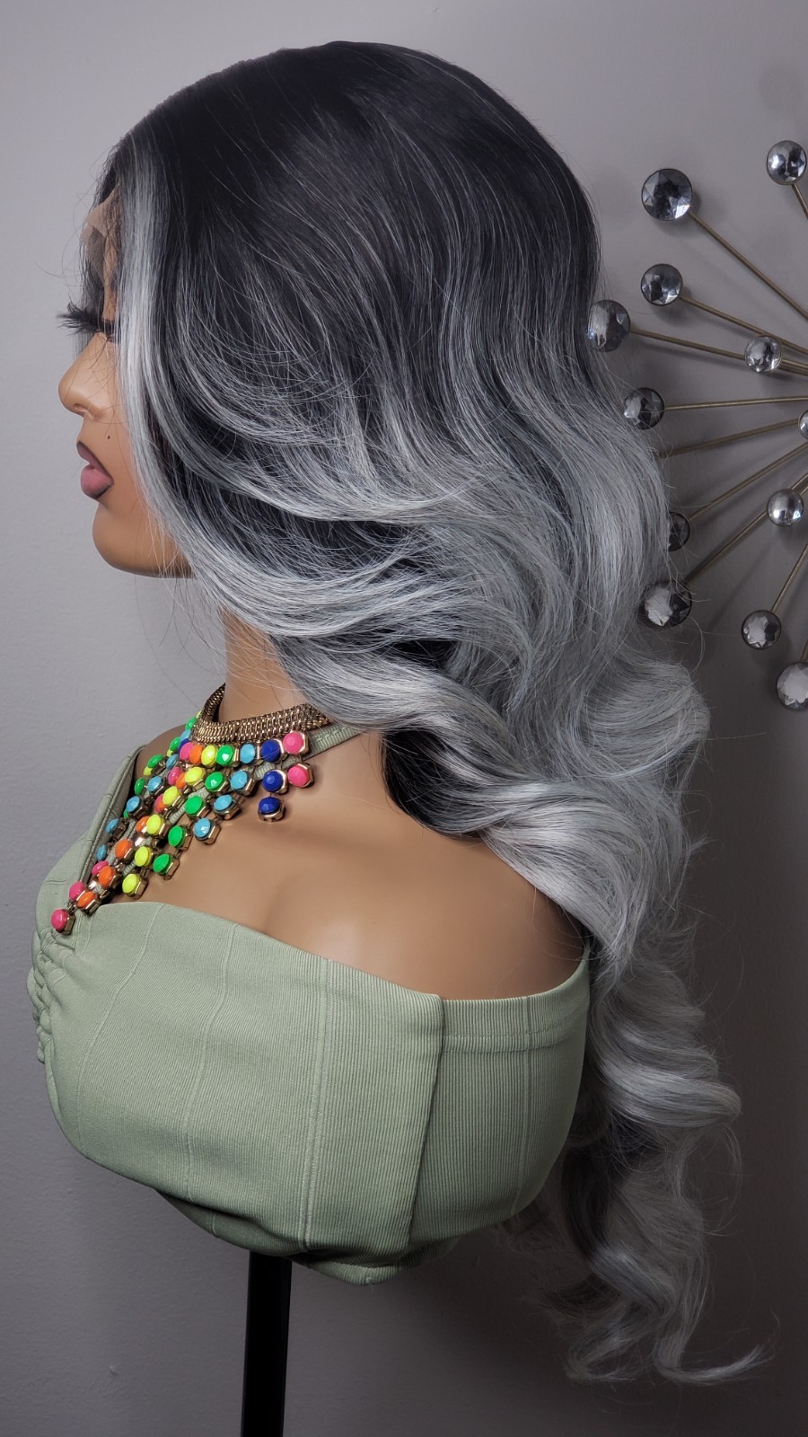 New Long Curly Money Piece Silver Gray Black Lace Front Wig Womens Wavy Style