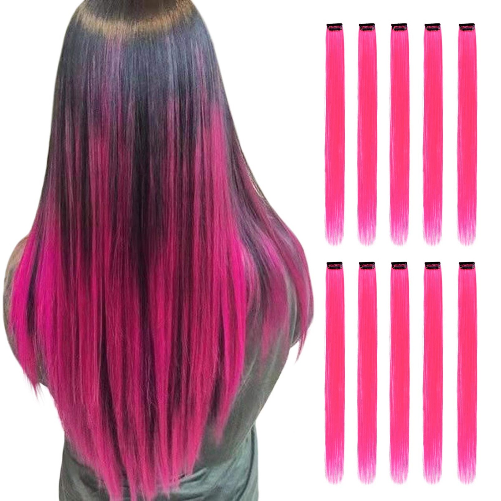 Pink Hair Extensions Clip in, 22 Inch 10 Pcs Long Straight Colored, for Women…