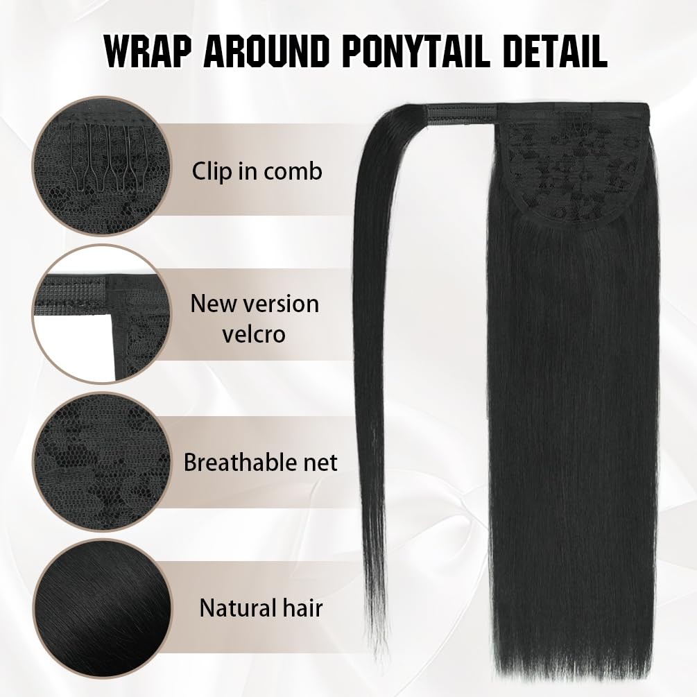 Amygirl Ponytail Extension Human Hair 18 Inch Natural Black Silky Straight Clip