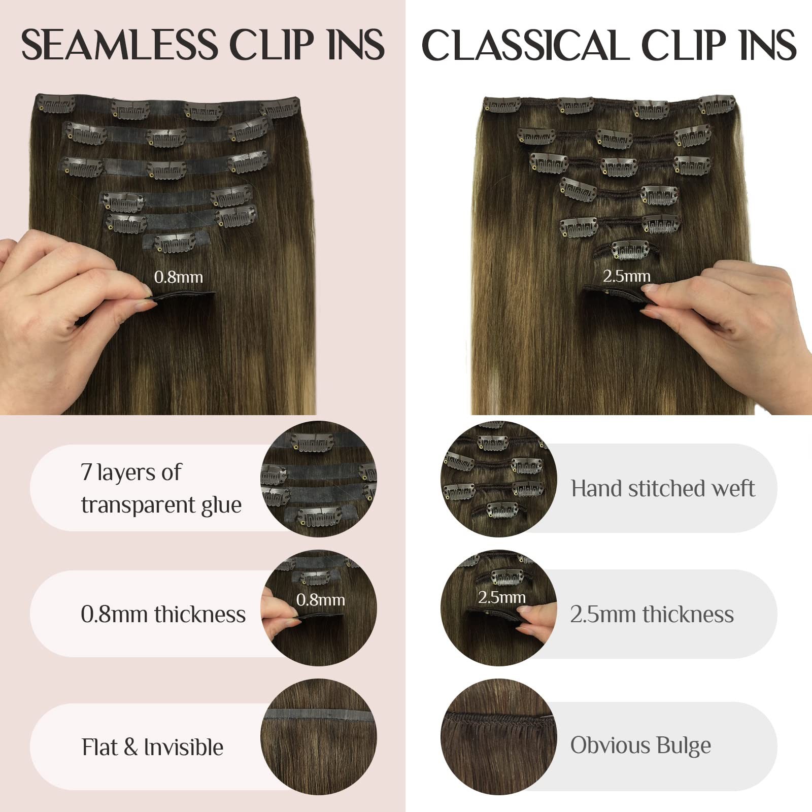 Seamless Hair Extensions Clip In 7Pcs 14 Inch 110G Balayage Walnut Brown To Ash