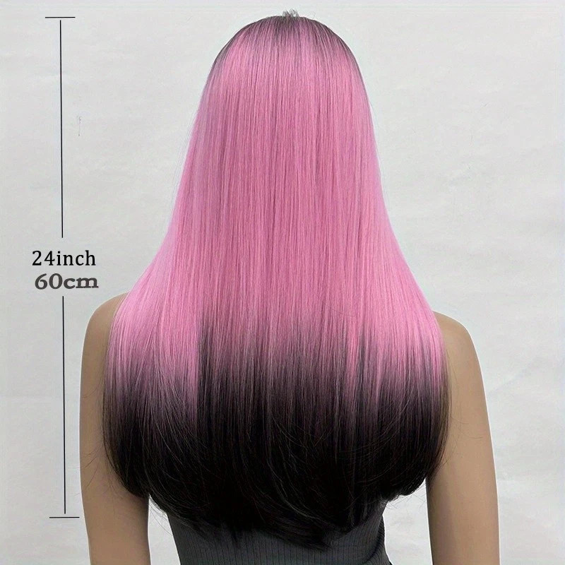 Long Straight Pink Ombre Wig with Bangs Anime Hair Women Cosplay Party Halloween