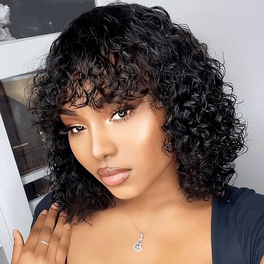 2×1 Lace Front Wigs Human Hair Curly Short Bob Human Hair Wigs with Bangs
