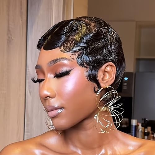 Short Black Human Hair Wig for Women – Ocean Finger Wave Pixie Cut, Glueless, Da