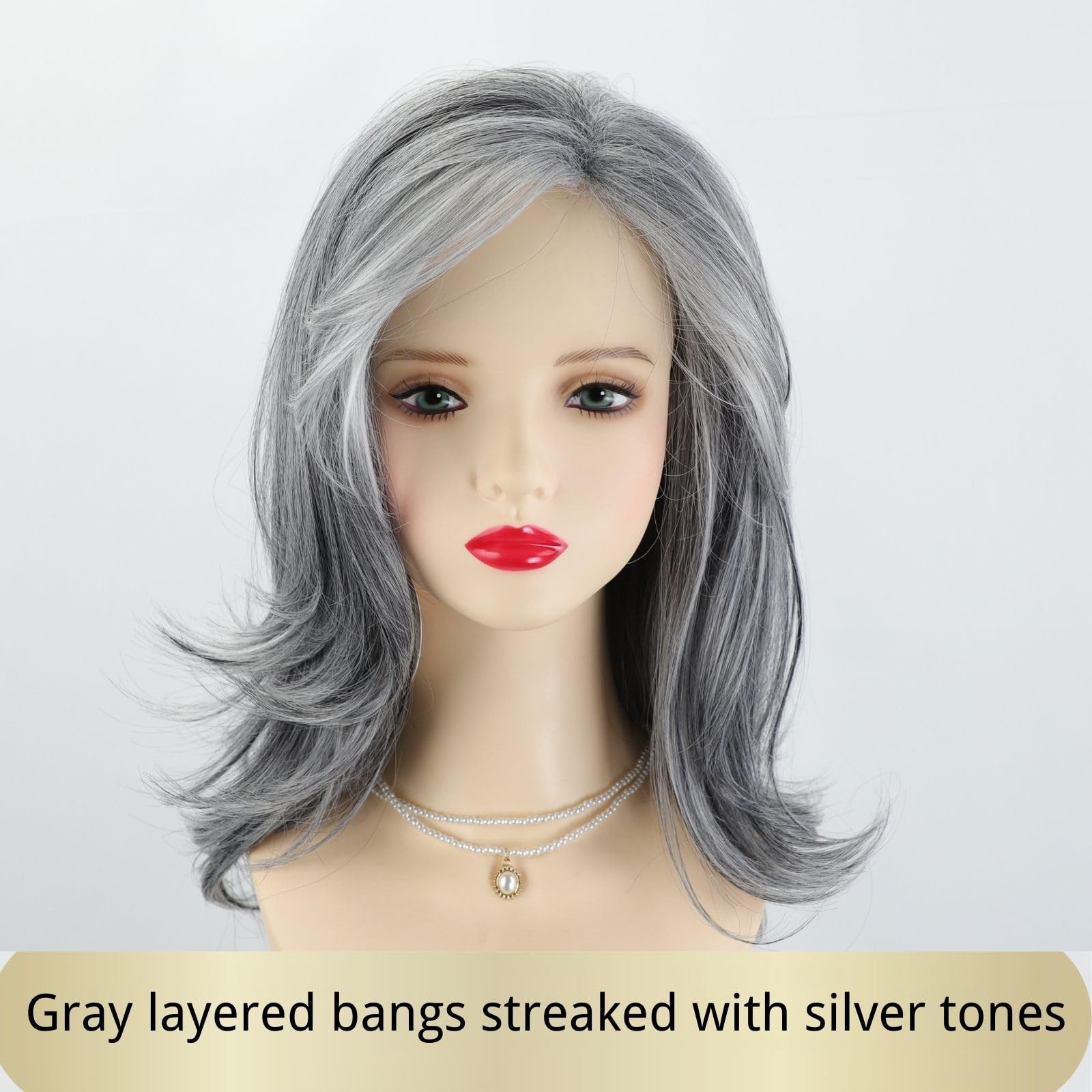 Fencca 20 Inch Silver Grey Salt Pepper Wig Curtain Bangs Long Layered Wave