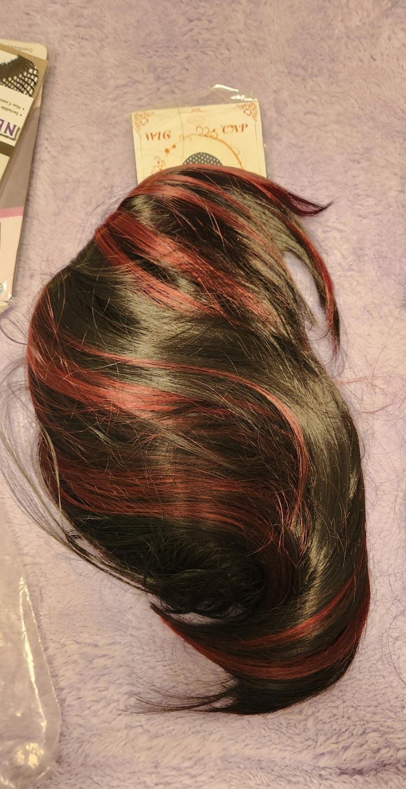 Pair of Synthetic Wigs (1 black/1 black & red), 3 Caps, & Wig Stand – Never Worn