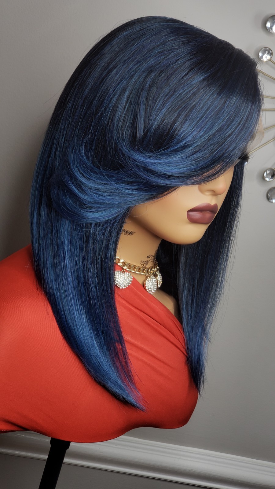 New Jade Blue Straight Bob Side Bangs Style Lace Front Wig Women Fashion Hair