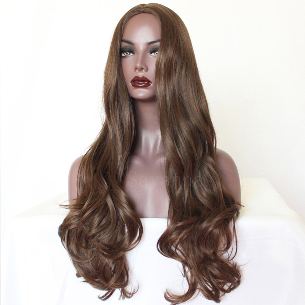 Long Brown Synthetic Hair Silk Top No Lace Wigs Natural Wavy Heat Resistant Wig