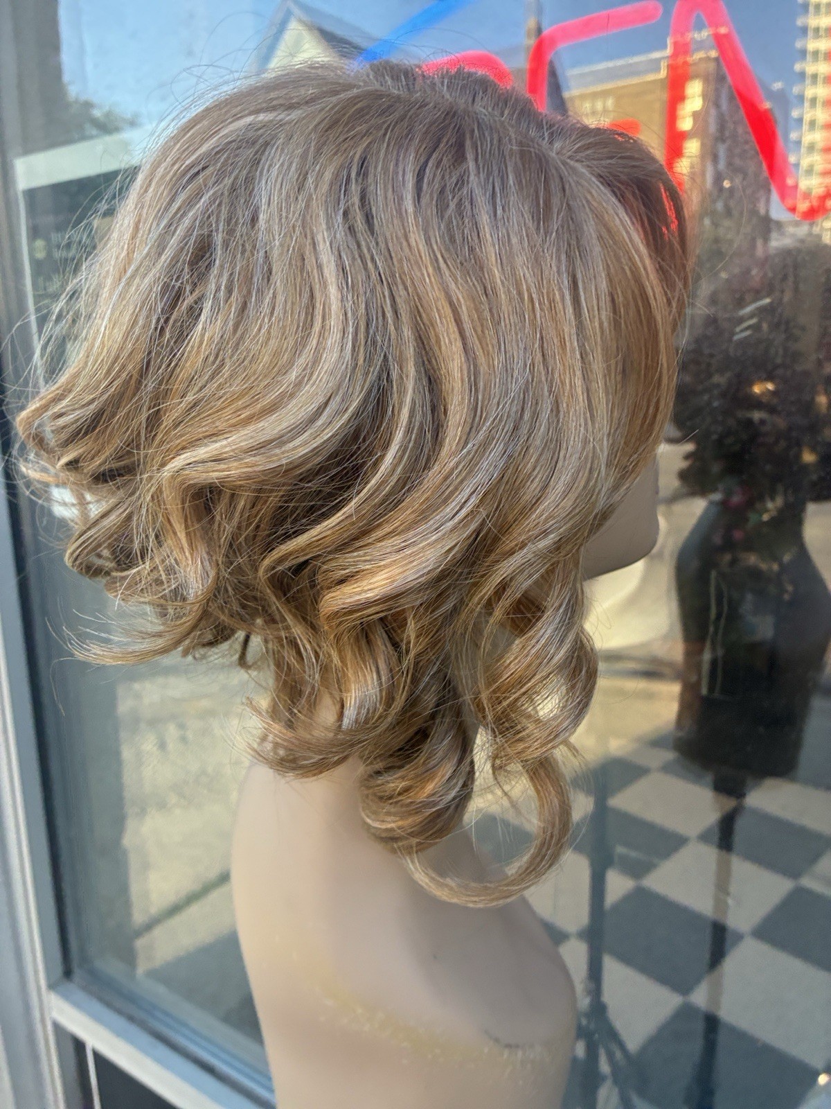Wig￼ asymmetrical, Romantic Curls, Lace, Front Side, Part With Golden Blonde
