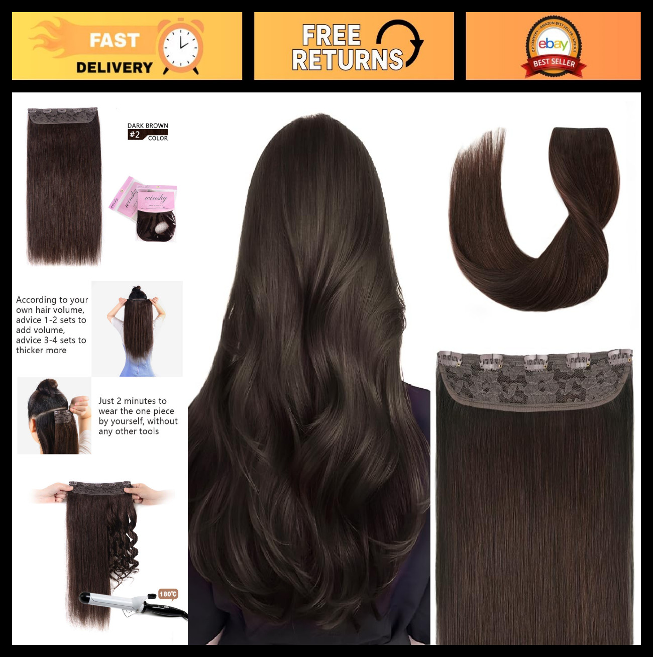 100% Real Human Hair Clip-In Extensions – 14″ Dark Brown, 70g, Full Head Coverag