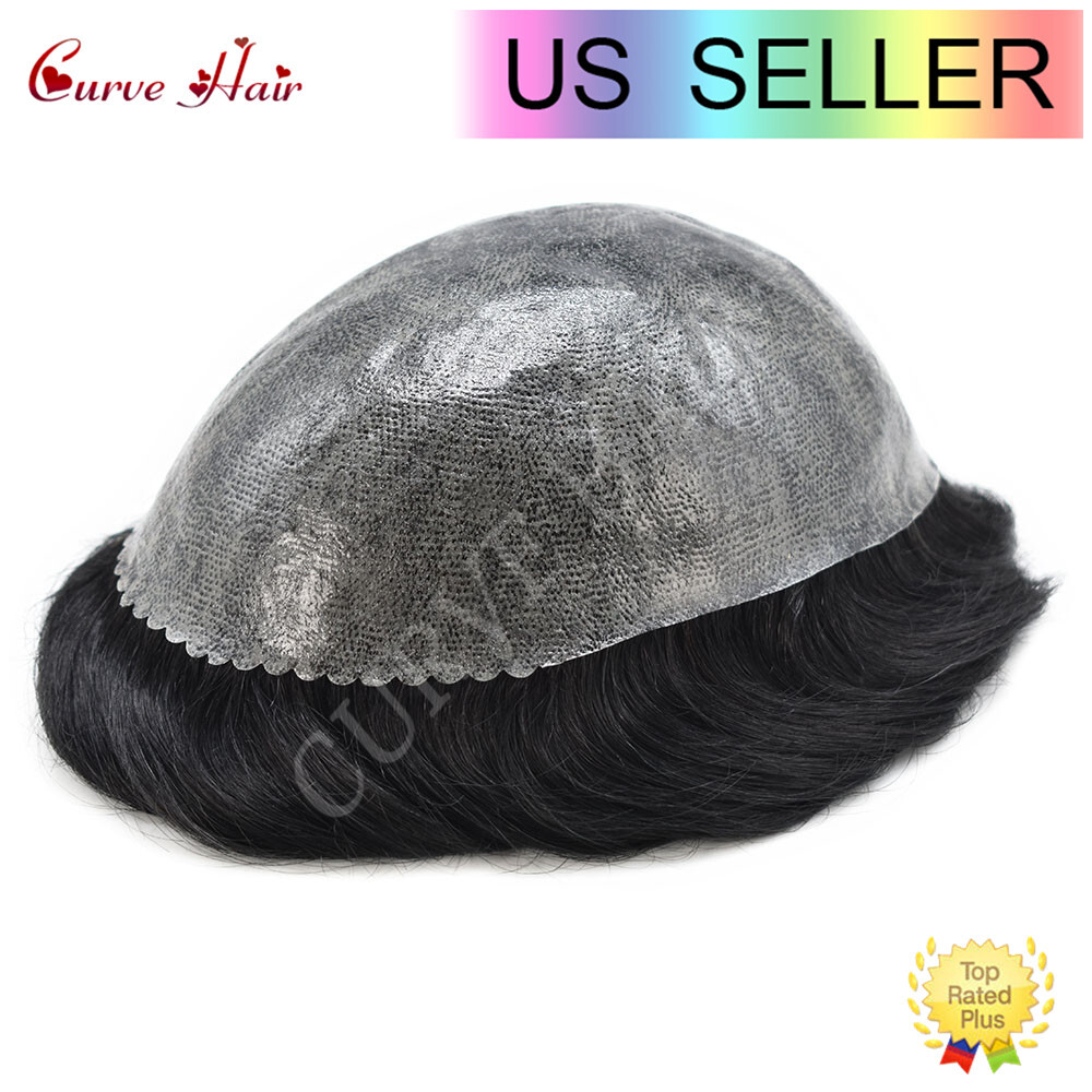 Mens Toupee Human Hair Systems Full Poly Thin Skin Hair Piece Replacement System
